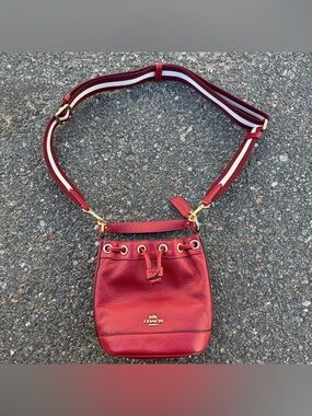 Coach Mini Dempsey Drawstring Leather Crossbody Shoulder Bucket Bag Cherry Red